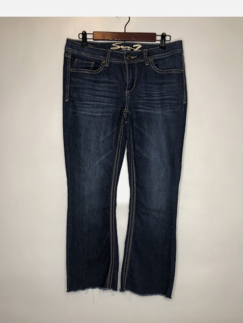 Seven7 Dark Blue Wide Leg Jeans with Raw Hem size 12 dark wash boot cut